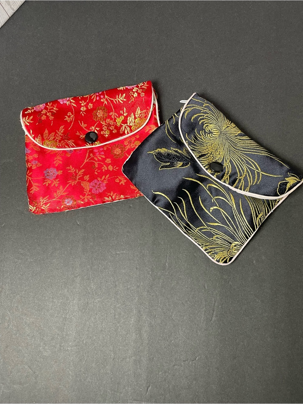 Floral Satin Foldover Travel Jewelry Pouch - Red and Black